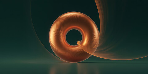 Elegant bronze torus with flowing transparent fabric on dark green stage