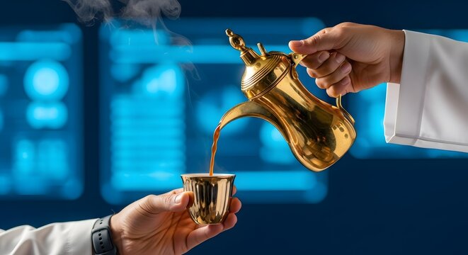 Close Up of Saudi Business Man Pouring Arabic Coffee in Modern High-Tech Office