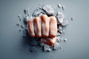 A clenched fist breaking through a gray wall, illustrating determination and strength.