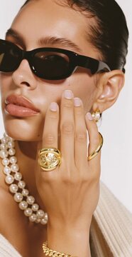 Radiant Jewels: An elegant close-up showcases a hand adorned with exquisite gold jewelry, complemented by a lustrous pearl necklace and stylish sunglasses.