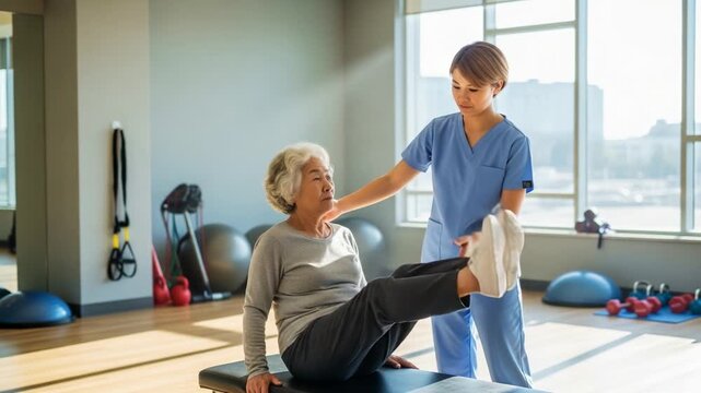 A compassionate healthcare professional provides physical therapy assistance to an elderly woman during a rehabilitation session in a well-lit fitness studio, promoting strength and mobility recovery.