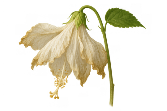 Wilting white hibiscus flower drooping, symbolizing decay, transience, fading beauty, end of life cycle, and natural decomposition