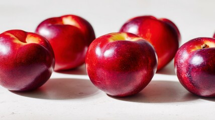 Obraz premium Nectarines placed neatly on white surface, soft shadows,