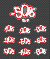Different percentages of discounts on sale. Sale banner, flyer, isolated inscription on transparent checkered background.
