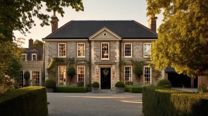 A classic Georgian-style home with a symmetrical facade a steep gabled roof and large windows The home is