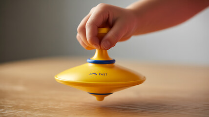 Child's hand spins vibrant yellow top toy, bringing back nostalgic memories of classic childhood games with a focus on fun and skill development