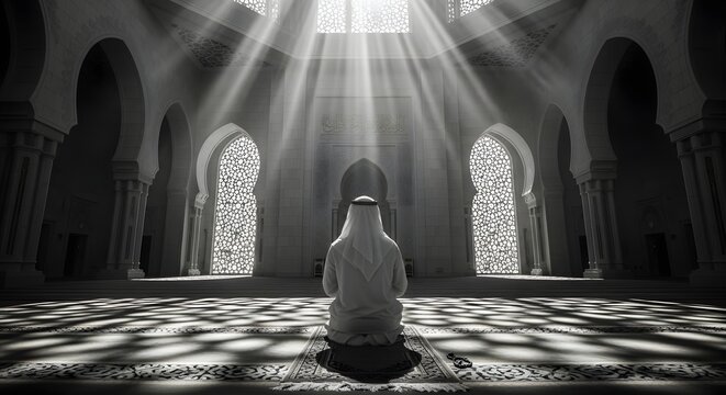 Rear View of Muslim Man Praying in Modern Islamic Mosque with Sun Rays