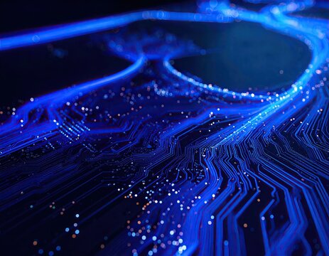 Abstract circuit board design in deep blue with glowing neon lines and specks - Powered by Adobe