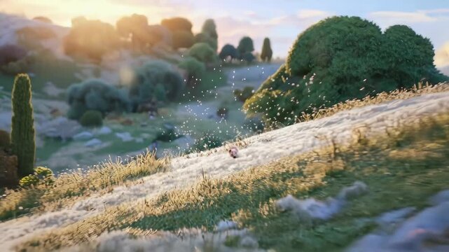 Adorable rodent scurrying down a sunny hill