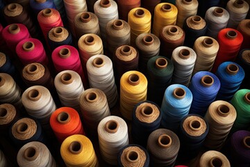 Fototapeta premium Many colorful spools of thread are arranged closely together, showcasing a wide variety of hues for sewing and textile projects