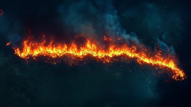 Devastating wildfire consuming a landscape with intense flames and smoke creating a dramatic and dangerous scene from an aerial perspective - Powered by Adobe
