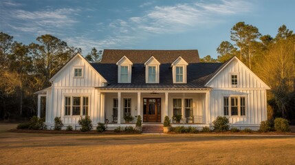 A classic home with white wooden siding dormer windows and a steep roof The front yard is neatly