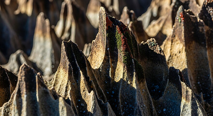 Sharp, weathered rock formations with moss and lichen close-up