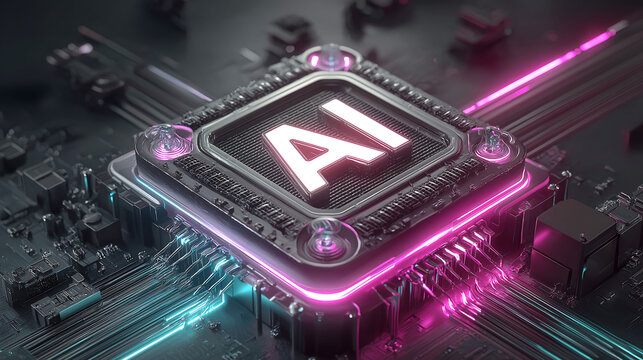 Futuristic tech background with neon circuit lines, AI chip, hologram portraits, sleek 3-D render for YouTube news thumbnail