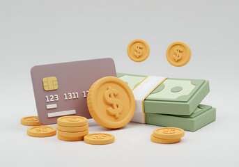 Stylized Money and Banking Illustration Featuring Credit Card Gold Coins and Stacked Bundles of Cash 3D Render