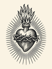 Flaming sacred heart with thorns engraving vector illustration