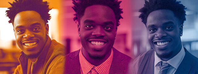 Ultra-realistic advertising photo of a young man in three roles: student with tablet, present self, future professional. Smooth gradient lighting transitions, clean background