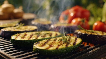 Grilling fresh zucchini and eggplant slices with rosemary and smoke on a barbecue grill outdoors, preparing healthy food