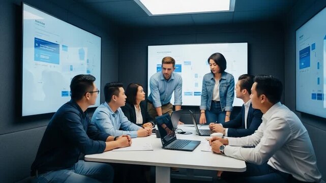 A dynamic meeting takes place in a modern conference room with a diverse group of professionals engaged in collaborative discussion, focusing on digital presentations displayed on large screen panels. - Powered by Adobe