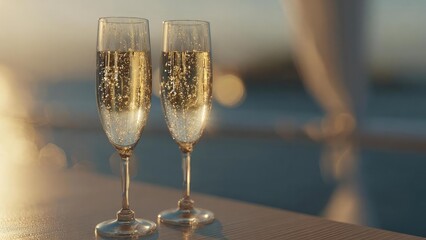 Two champagne flutes with sparkling wine on a table by a pool at sunset. Concept Poolside champagne toast, Sunset by the pool, Sparkling wine on the table, Elegant poolside setup