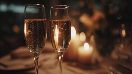 Two champagne flutes with bubbly champagne on a candlelit dinner table. Concept Romantic dinner, Champagne toast, Candlelit ambiance, Elegant table setting, Sparkling champagne