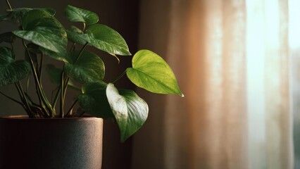 A potted green houseplant with heart-shaped leaves by a sunlit window. Concept Sunlit windowsill plant, Heart-shaped leaves, Potted houseplant, Indoor greenery decor, Warm natural light
