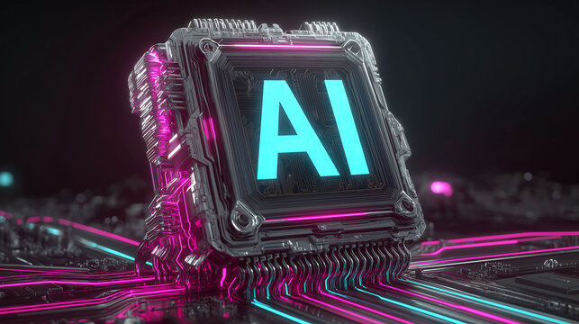 Futuristic tech aesthetic with neon circuit lines framing glowing AI chip and hologram portraits for YouTube news thumbnail