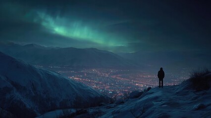 A solitary person stands on a snow-covered ridge, watching the northern lights glow over a city lit up in the valley. Concept Northern Lights, Snowy Ridge, City Lights in the Valley, Solitude