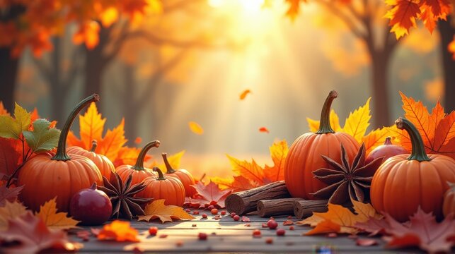 A vibrant autumn scene featuring pumpkins, colorful leaves, and warm sunlight filtering through the trees.
