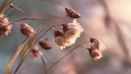 Dried grass seed heads with fluffy plumes, backlit in soft pastel light. Concept Dried grasses, Fluffy seed plumes, Backlit pastel light, Textured nature, Calm mood