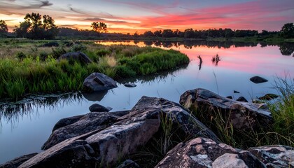 Serene River Landscape at Sunset with Rocks and Vegetation.