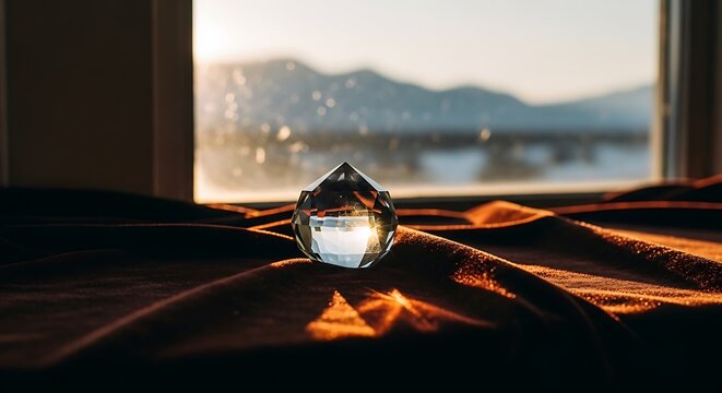 Crystal prism refracting sunlight on fabric with mountain lake view.