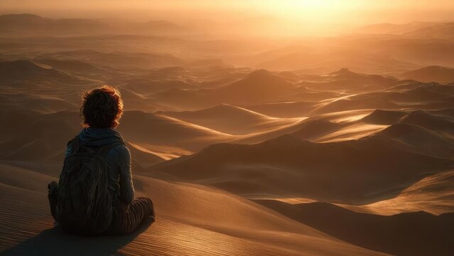 A traveler with a backpack sits on a sand dune in a vast desert, watching a golden sunset over rolling dunes. Concept Desert Sunset, Solo Traveler, Sand Dunes, Golden Hour, Nomadic Adventure - Powered by Adobe