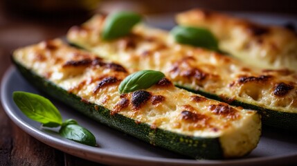 Zucchini halves baked with a savory cheese stuffing and fresh basil, presenting a healthy and flavorful side dish or starter