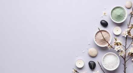 A serene, top-down image featuring spa and wellness elements arranged in the lower right corner against a light, lavender-gray background with ample copy space to the left.