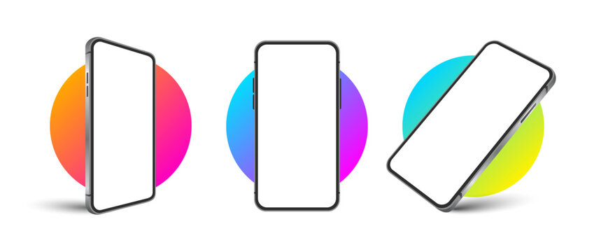 Realistic smartphone devices blank display mockup set with round gradient. Mobile phone template Vector illustration