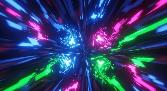 Swirling neon glitch fragments clustering into abstract luminous background textures