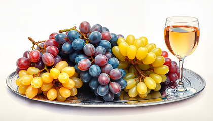 Assorted grapes and a glass of wine on a silver platter with a white background
