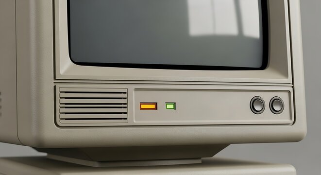 Close-up of a classic beige retro CRT computer monitor showing indicator lights and adjustment knobs. (15 words)