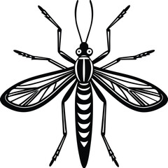 Detailed black and white illustration of a mosquito with spread wings and visible legs and antennae