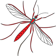 Detailed illustration of a red mosquito with transparent wings and long legs isolated on a white background
