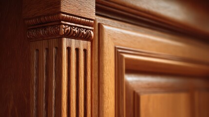A close-up of a Craftsman wooden cabinet door showcasing the intricate carvings and smooth finish The soft light