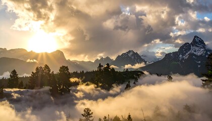 Majestic Mountain Sunrise - A Breathtaking Landscape of Peaks and Clouds.