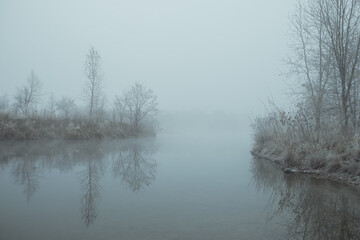 Foggy winter morning with trees reflecting in calm water