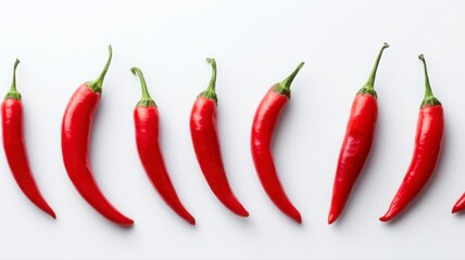 Red chili peppers aligned diagonally on white surface, top view,