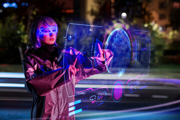 young woman interacts with augmented reality.