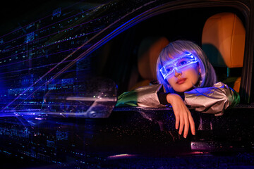 woman AR glasses in a car with a virtual reality interface.