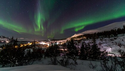 Spectacular Aurora Borealis Display Over a Snowy Icelandic Village.