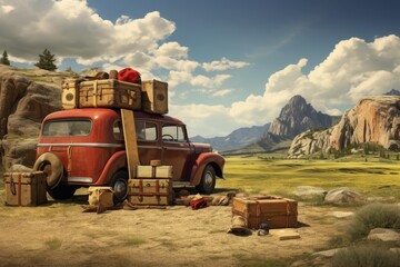 Classic car embarking on an adventurous journey through a picturesque mountain valley