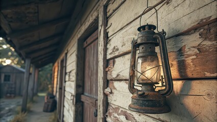 Rustic oil lantern hanging on weathered wooden wall of old cabin at sunset, ideal for themes of nostalgia, vintage lifestyle, rural living, rustic design, homestead charm, or historical ambiance